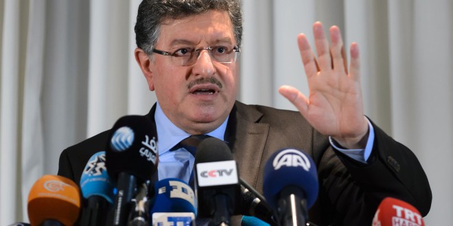 High Negotiations Committee (HNC) spokesman Salem al-Meslet holds a press conference during Syria peace talks in Geneva on January 31, 2016. UN Syria envoy Staffan de Mistura said he was "optimistic and determined" following an informal meeting with Syria's main opposition group, which had threatened to leave before planned peace talks begin in earnest. / AFP / FABRICE COFFRINI        (Photo credit should read FABRICE COFFRINI/AFP/Getty Images)