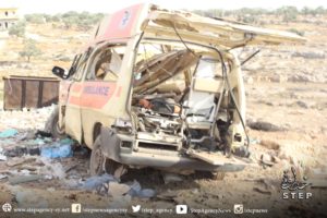 صور لسيارة الإسعاف التي قصفت بمشفى الاتارب ادلب