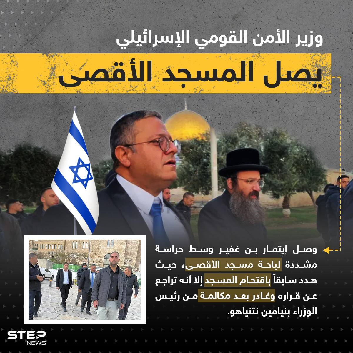 بعد تهديد باقتحامه ... وزير الأمن القومي الإسرائيلي يصل المسجد الأقصى