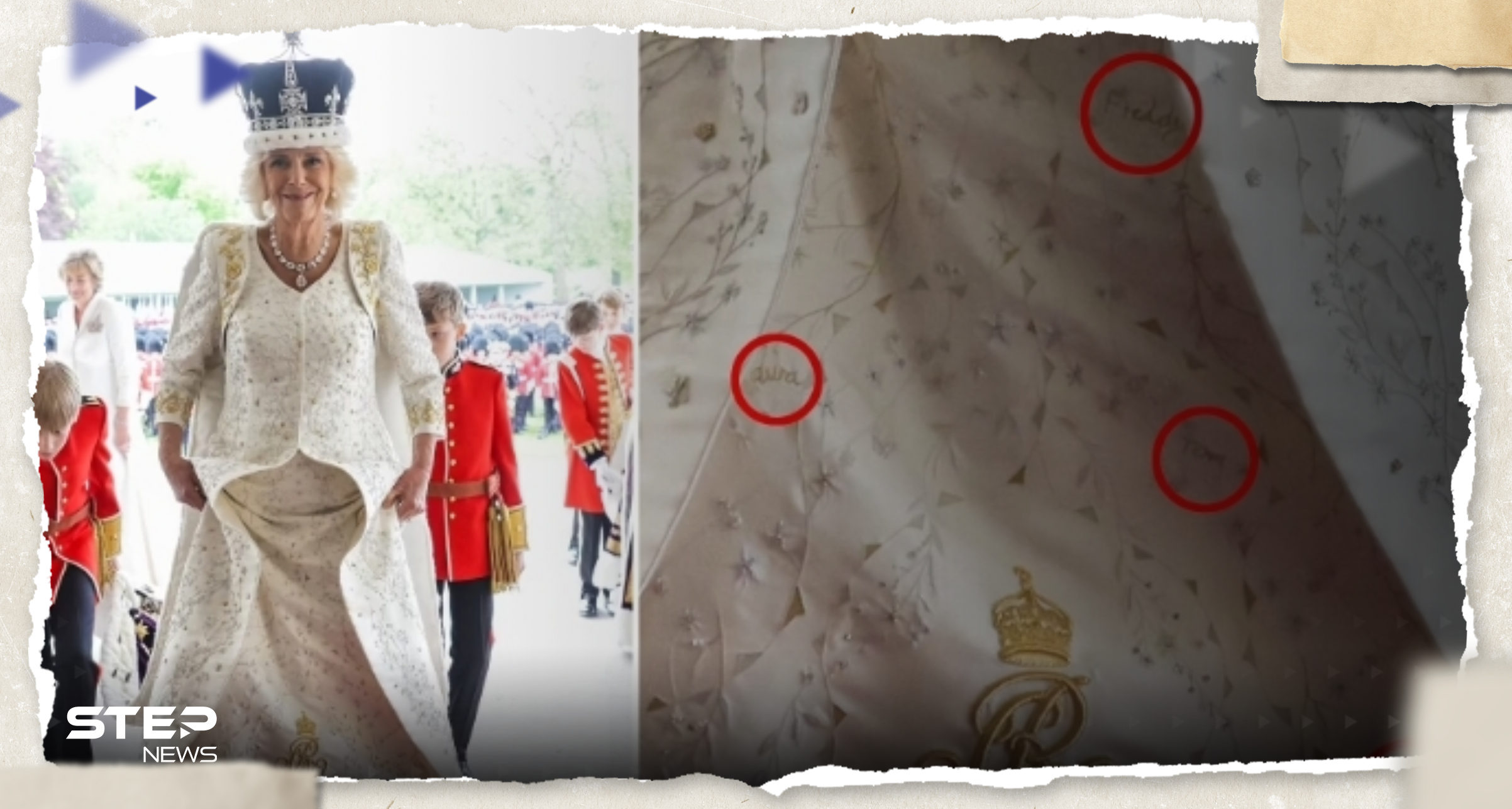 شاهد|| صور ترصد أسماء وكلمات خيطت على فستان ملكة بريطانيا بحفل التتويج وتقرير يكشف "سرها" 
