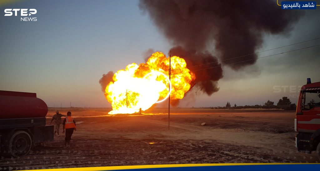 شاهد اندلاع حريق هائل في خط لنقل النفط في حمص السورية
