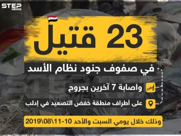 23 قتيلاً في صفوف جنود نظام الأسد و إصابة 7 آخرين بجروح على أطراف منطقة خفض التصعيد في إدلب