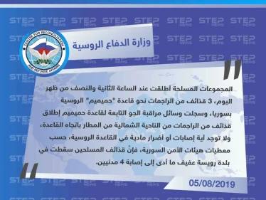 وزارة الدفاع الروسية تؤكّد عدم وقوع إصابات داخل قاعدة حميميم الروسية.
