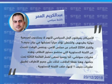 خاص || تصريح لـ الناشط السياسي "عبدالكريم العمر" حول الدور الأمريكي والروسي بعرقلة ملف اللجنة الدستورية .