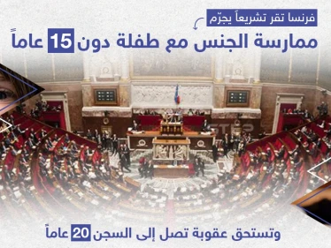 أقر البرلمان الفرنسي تشريعاً يعتبر ممارسة الجنس مع طفلة دون 15 عاما اغتصاباً وتستحق عقوبة تصل إلى السجن 20 عاماً