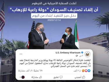 إلغاء تصنيف السودان كدولة راعية للإرهاب يدخل حيز التنفيذ ابتداءا من اليوم