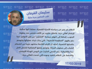 خاص | سليمان القرفان "نقيب المحامين بدرعا سابقًا" حول أسباب انتشار حركة (المقاومة الشعبية) في درعا، ودور النظام في توسعها مستقبلاً