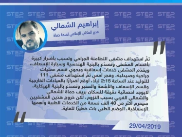 صحة حماة لـ ستيب: الطيران الروسي استهدف آخر مشفيين في الريف الشمالي والغربي بحماة، حيث لم يعد هناك أي مركز إسعافي لاستقبال المدنيين المتضرريين من القصف المستمر، وبات الوضع الطبي خطير للغاية.