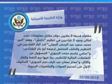 الخارجية الأمريكية ترصد مكافأة بـ5 ملايين دولار مقابل معلومات عن أخطر 3 قياديين في داعش