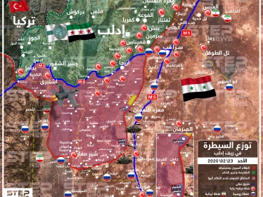 خريطة لتقدم النظام السوري جنوب إدلب والمناطق التي يسعى للسيطرة عليها جنوب الطريق الدولي M4