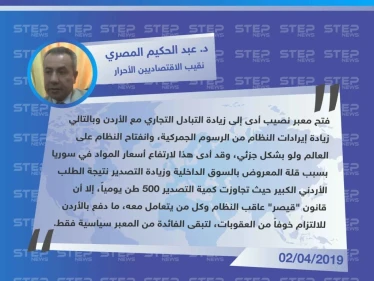 نقيب الإقتصاديين الأحرار يكشف عن علاقة العقوبات الأمريكية بعدم استفادة النظام اقتصادياً من معبر نصيب