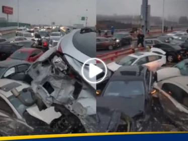 شاهد|| اصطدام مائة سيارة على طريق جليدي في الصين يتسبب في إصابة 9 أشخاص