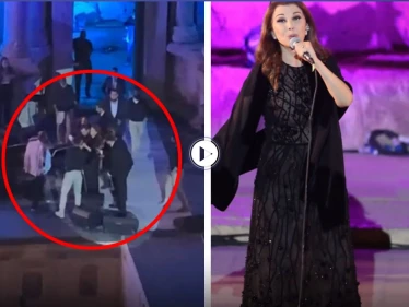 بالفيديو|| شاهد كيف احتضن الموسيقيين والحرس الشخصي ماجدة الرومي لتفادي سقوطها على المسرح وهي تغني بمهرجان جرش في الأردن