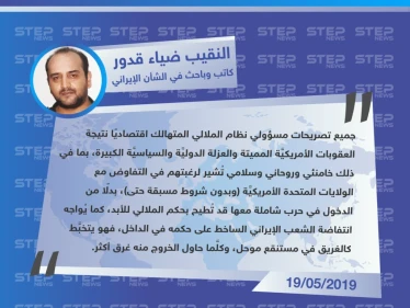 كاتب وباحث في الشأن الإيراني لـ"ستيب": جميع تصريحات مسؤولي نظام الملالي حول عدم رغبة الحرب تُشير لرغبتهم في التفاوض مع أمريكا.