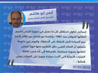 قراءة "أيمن أبو هاشم" لستيب، حول مطالبة رئيس الوزراء الإسرائيلي بنيامين نتنياهو، واشنطن بالاعتراف بالسيادة الإسرائيليَّة على الجولان المحتل، بالتزامن مع قرار سحب القوات الأمريكية من سوريا