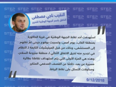 تصريح خاص لـ الناطق الرسمي باسم الجبهة الوطنية للتحرير النقيب “ناجي مصطفى" حول استهداف أحد النقاط العسكرية من قبل طائرة مسيّرة عن بعد لـ أول مرّة منذ إقرار اتفاق منطقة "منزوعة السلاح"