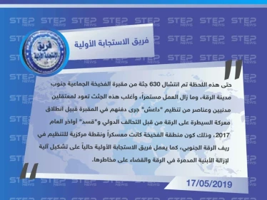 فريق الاستجابة الأولية في الرقة يكشف لـ"ستيب" عن عدد الجثث التي تم انتشالها من مقبرة الفخيخة جنوبي الرقة