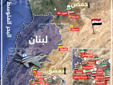 خريطة تظهر مواقع الأهداف التي استهدفها الطيران الإسرائيلي في ريف دمشق وحمص 01-07-2019