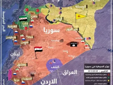 خريطة تُظهر آخر توزّع  للنفوذ والسيطرة في سوريا بتاريخ 9-9-2019 - وكالة ستيب نيوز