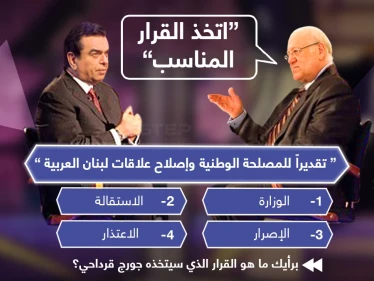 رئيس الوزراء اللبناني "نجيب ميقاتي" موجهاً كلامه لوزير الإعلام "جورج قرداحي" :" اتخذ القرار المناسب، للمصلحة الوطنية."