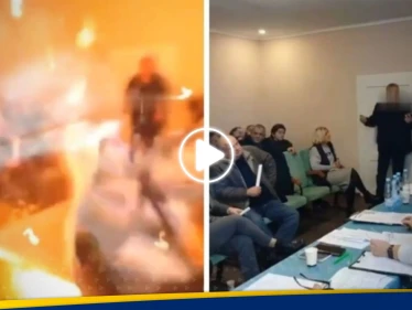 شاهد|| نائب أوكراني يدخل مقر اجتماع ويفجر 3 قنابل يدوية ويخلف عشرات الضحايا