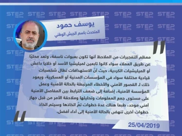 الناطق باسم الجيش الوطني: "التفجيرات الأخيرة في ريف حلب بسبب القصور الأمني والأخطاء المرتبطة بعمل المؤسسة الأمنية، وضعف الترابط بين المفاصل الأمنية على مستوى جمع المعلومات وملاحقتها من قبل جهاز أمني موحّد".