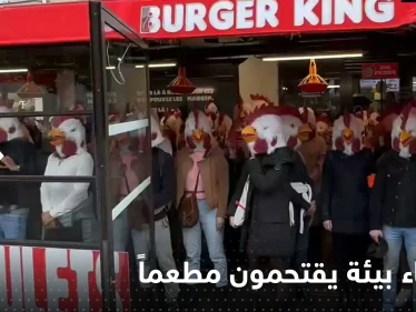 بالفيديو|| نشطاء يغزون مطعم "برجر كنج" في باريس.. ويطالبون بحياة كريمة للدجاج