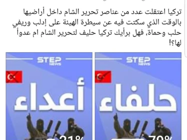 80% من متابعي ستيب يصوّتون أنَّ تركيا وهيئة تحرير الشام حلفاء !!