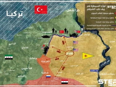 خريطة تظهر مناطق التوزّع والنفوذ لمختلف القوى المحلية والدولية في ريف حلب الشرقي