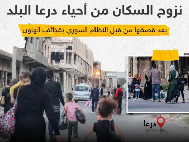 نزوح سكان درعا البلد مشياً على الأقدام بعد خرق الاتفاق من قبل قوات النظام السوري وقصفهم للأحياء السكنية.