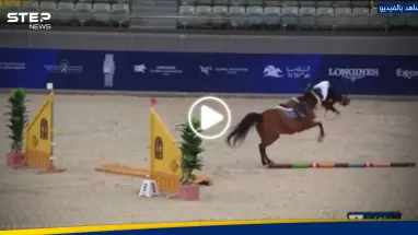 شاهد|| لحظة سقوط نجل أمير قطر من على ظهر جواده أثناء مشاركته ببطولة عالمية