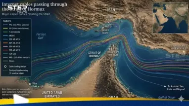 خريطة توضيحية لـ مسارات كابلات الإنترنت البحرية التي تمر عبر مضيق هرمز والخليج العربي،