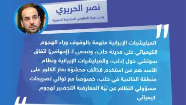 متداول: رئيس هيئة التفاوض للمعارضة السورية "نصر الحريري" يتهم نظام الأسد والميليشيات الإيرانية بالهجوم الكيميائي على حلب