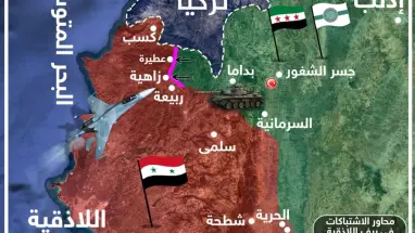 خريطة تُظهر محاور الاشتباكات بريف اللاذقية الشمالي بين قوات المعارضة وقوات النظام