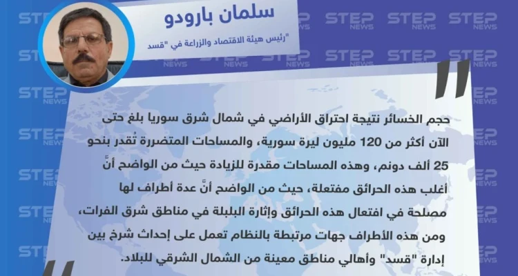 رئيس هيئة الاقتصاد والزراعة في "قسد": شمال شرق سوريا سيشهد المزيد من الحرائق وأطراف تابعة للنظام السوري لها مصلحة بافتعالها.
