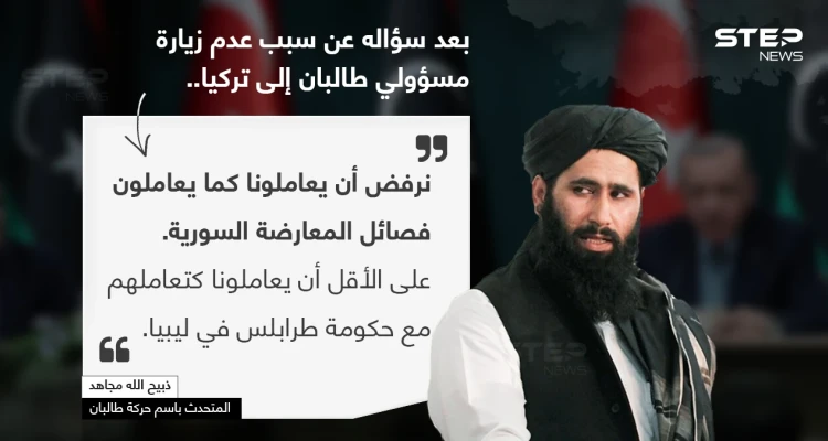 المتحدث باسم (حركة طالبان) ذبيح الله مجاهد ، يرفض تعامل تركيا مع الحركة كتعاملها مع فصائل المعارضة السورية
