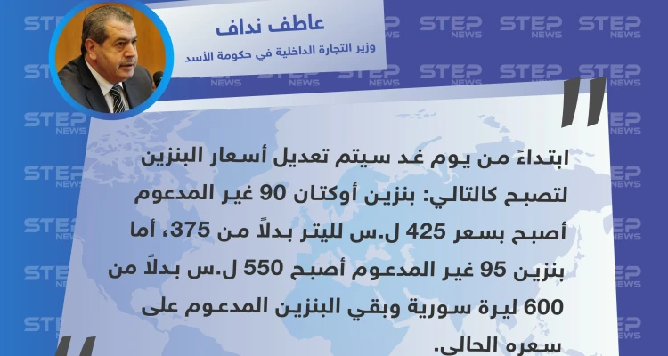 وزير التجارة الداخلية في حكومة الأسد يحدد التسعيرة الجديدة لمادة البنزين في سوريا
