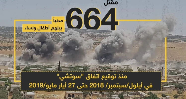 مقتل 664 مدنياً بينهم أطفال و نساء منذ توقيع اتفاق "سوتشي" في أيلول 2018 حتى 27 أيار مايو 2019