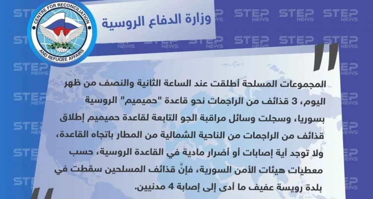 وزارة الدفاع الروسية تؤكّد عدم وقوع إصابات داخل قاعدة حميميم الروسية.