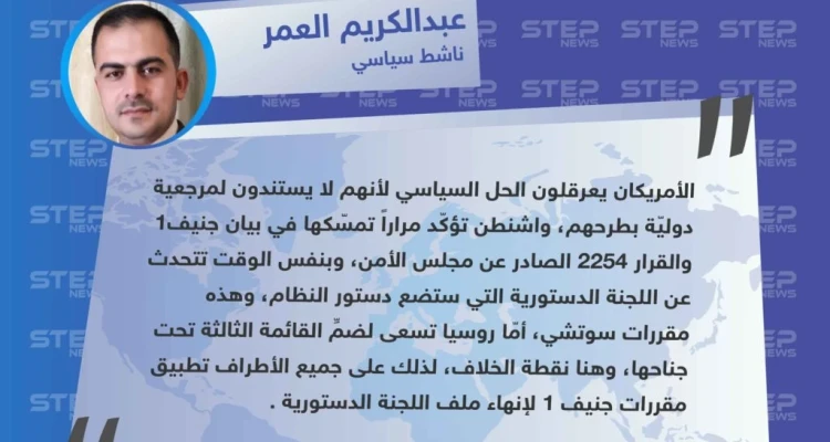 خاص || تصريح لـ الناشط السياسي "عبدالكريم العمر" حول الدور الأمريكي والروسي بعرقلة ملف اللجنة الدستورية .