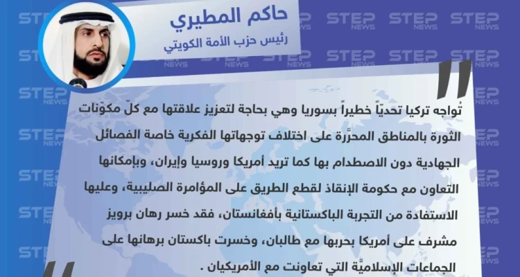 رئيس حزب "الأمة" الكويتي يدعو تركيا للتعاون مع حكومة الإنقاذ وكافة الفصائل بالمناطق السوريَّة المحرّرة.