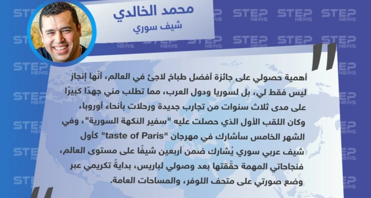 الشيف محمد الخالدي لوكالة "ستيب": أهمية حصولي على جائزة أفضل طباخ لاجئ في العالم، أنّها إنجاز ليس فقط لي، بل لسوريا ودول العرب.