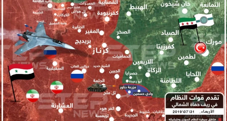 خريطة تُظهر تقدم قوات النظام في ريف حماة الشمالي 31/7/2019
