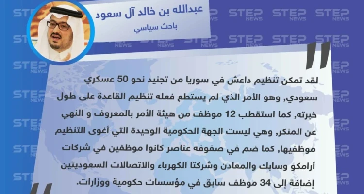 الباحث والدكتور الأمير عبدالله بن خالد آل سعود : تنظيم داعش في سوريا جنّد 50عسكرياً سعودياً و12 من هيئة الأمر بالمعروف والنهي عن المنكر