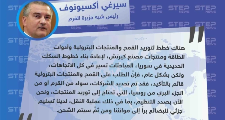رئيس "شبه" جزيرة القرم، يُعلن عزمه تصدير القمح والمشتقات النفطية لـ سوريا، في محاولة لإنقاذ حكومة الأسد من عجزها