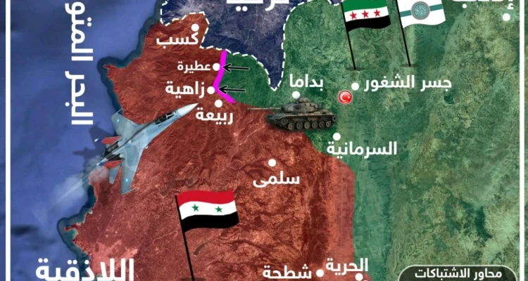 خريطة تُظهر محاور الاشتباكات بريف اللاذقية الشمالي بين قوات المعارضة وقوات النظام