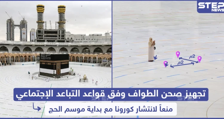 تجهيز صحن الطواف وفق قواعد التباعد الاجتماعي منعاً لانتشار كورونا مع بداية موسم الحج