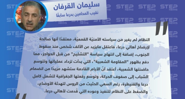 خاص | سليمان القرفان "نقيب المحامين بدرعا سابقًا" حول أسباب انتشار حركة (المقاومة الشعبية) في درعا، ودور النظام في توسعها مستقبلاً