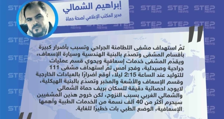صحة حماة لـ ستيب: الطيران الروسي استهدف آخر مشفيين في الريف الشمالي والغربي بحماة، حيث لم يعد هناك أي مركز إسعافي لاستقبال المدنيين المتضرريين من القصف المستمر، وبات الوضع الطبي خطير للغاية.