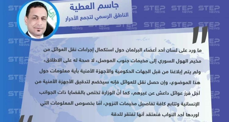 مسؤول عراقي: ينفي نقل العراق لعوائل عناصر تنظيم داعش العراقيين، من سوريا إلى مخيمات نينوى شمال العراق.: أخبار